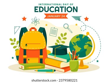 International Education Day Vector Illustration on 24 January with Student, Earth Globe and Study Element in Knowledge Flat Cartoon Background Design