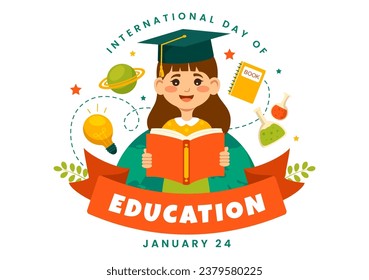 International Education Day Vector Illustration on 24 January with Student, Earth Globe and Study Element in Knowledge Flat Cartoon Background Design