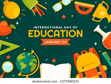 International Education Day Vector Illustration on 24 January with Student, Earth Globe and Study Element in Knowledge Flat Cartoon Background Design