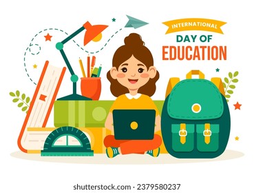 International Education Day Vector Illustration on 24 January with Student, Earth Globe and Study Element in Knowledge Flat Cartoon Background Design