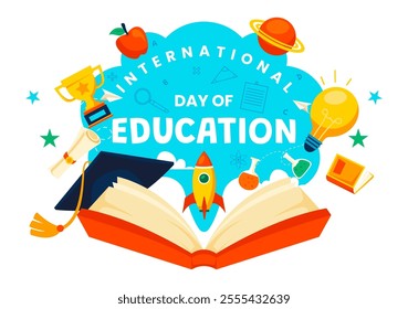 International Education Day Vector Illustration on January 24, Featuring Students, a Globe, and Educational Elements in a Flat Style Background