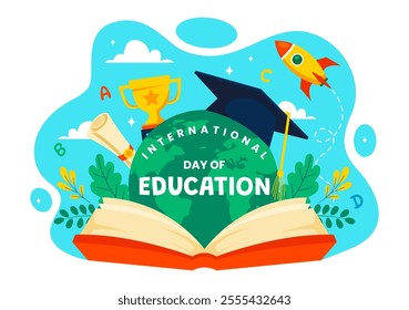 International Education Day Vector Illustration on January 24, Featuring Students, a Globe, and Educational Elements in a Flat Style Background