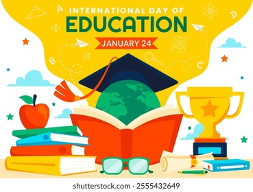 International Education Day Vector Illustration on January 24, Featuring Students, a Globe, and Educational Elements in a Flat Style Background