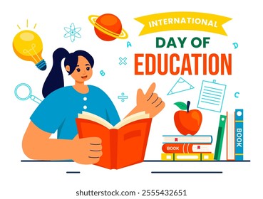 International Education Day Vector Illustration on January 24, Featuring Students, a Globe, and Educational Elements in a Flat Style Background