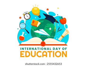 International Education Day Vector Illustration on January 24, Featuring Students, a Globe, and Educational Elements in a Flat Style Background