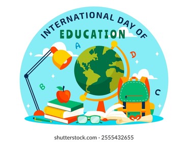 International Education Day Vector Illustration on January 24, Featuring Students, a Globe, and Educational Elements in a Flat Style Background