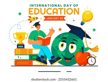 International Education Day Vector Illustration on January 24, Featuring Students, a Globe, and Educational Elements in a Flat Style Background