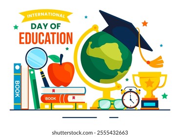 International Education Day Vector Illustration on January 24, Featuring Students, a Globe, and Educational Elements in a Flat Style Background