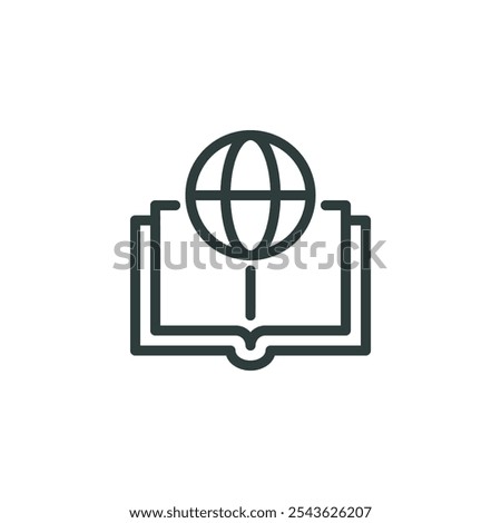 International education, dictionary, global knowledge outline icon. Line sign open book and symbol globe. Vector isolated pictograms for web and app on white background editable stroke.