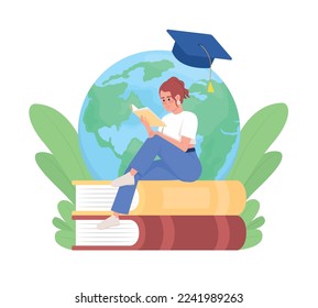 Ilustración vectorial del concepto plano de la educación internacional. Personajes editables de dibujos animados 2D sobre blanco para el diseño web. Idea creativa de estudiante en el extranjero para sitio web, móvil, presentación