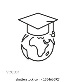 international education icon, earth in graduate hat, world globe university, academy online learn, global distance education, thin line symbol on white background - editable stroke vector illustration