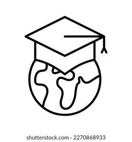 International education icon, Earth in graduate hat, world globe university, academy online learn, global distance education. Vector illustration.
