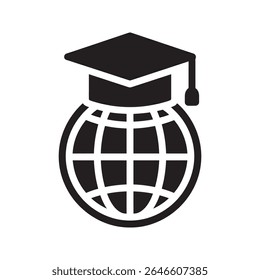 Ícone de educação internacional com um globo e tampa de graduação representando um programa universitário global e estudando no exterior para um vetor de grau ícone de glifo sólido