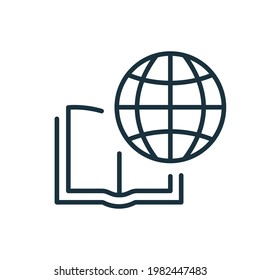 International Education Line Icon. Global Learning, Distance Education and Online Courses. Academy Online Learn and Library. Open Book with Globe Linear Icon. Editable stroke. Vector illustration.