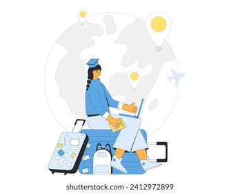 Programa de migración de la educación internacional. Visa de nómada digital. Joven sentada en la maleta y trabajando con una laptop en línea esperando un vuelo. Viaje de aprendizaje al extranjero. Ilustración vectorial.