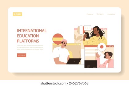 International Education Platforms concept. Diverse characters connect through online learning. Engaging virtual classroom, e-learning accessibility, cross-cultural exchange. Vector illustration.