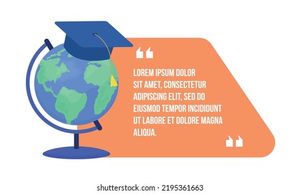 International education quote textbox with flat object. Abroad studying. Speech bubble with editable cartoon illustration. Creative quotation isolated on white background. Bebas Neue font used