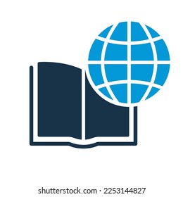 International Education Silhouette Icon. Global Learning, Distance Education and Online Courses. Academy Online Learn and Library. Open Book with Globe Icon. Vector illustration.