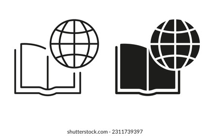 International Education Silhouette and Line Icon Set. Global Learning, Distance Education, Online Courses. Academy Online Library. Open Book with Globe Black Sign. Isolated Vector illustration.