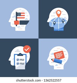 International education, study abroad program, coarse enrollment, university scholarship, student exchange, vector icon, flat illustration