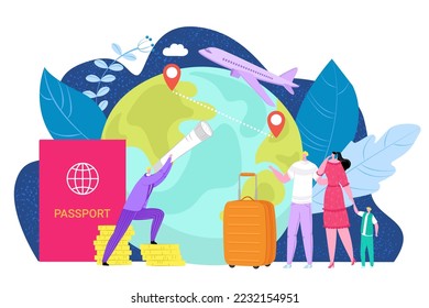 International emigration concept, vector illustration. People character immigration to foreign country, global travel with passport document.