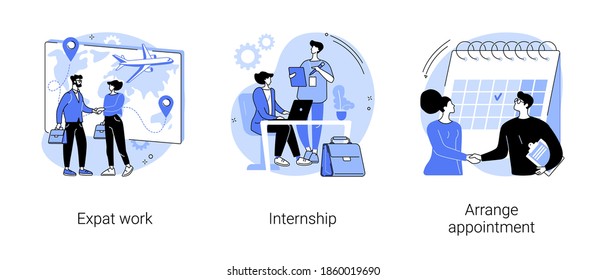 International Employment Abstract Concept Vector Illustration Set. Expat Work, Internship, Arrange Appointment, Apply For Job, Professional Growth, Working Place, Student Training Abstract Metaphor.