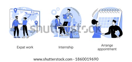 International employment abstract concept vector illustration set. Expat work, internship, arrange appointment, apply for job, professional growth, working place, student training abstract metaphor.