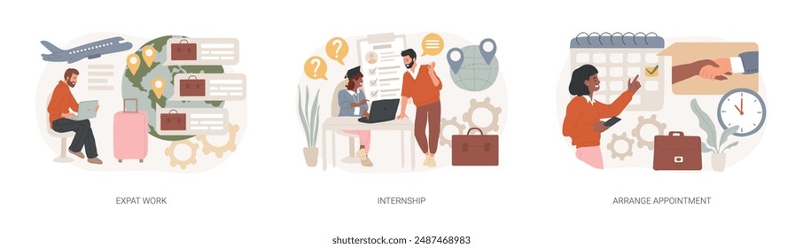 International employment isolated concept vector illustration set. Expat work, internship, arrange appointment, apply for job, professional growth, working place, student training vector concept.