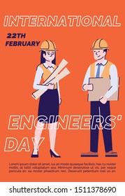 International engineer day poster vector template. Professional holiday celebration. Brochure, cover, booklet page concept design with flat illustration. Advertising flyer, leaflet, banner layout idea