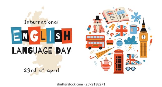 International English Language Day concept, 23rd of April. Iconic British symbols like flag, bus and teapot. Trendy modern vector illustration isolated on white background, hand drawn, flat design