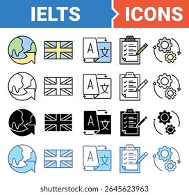International English Language Testing System banner icon set with multiple style collection.