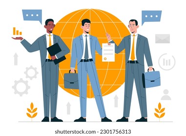 International entrepreneurs concept. Men in suits stand with briefcases communicate. Globalization and international trade. Collaboration and cooperation, teamwork. Cartoon flat vector illustration