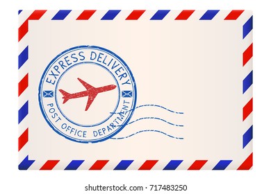 International Envelope With Red And Blue Border. With Express Delivery Stamp. Vector Illustration Isolated On White Background