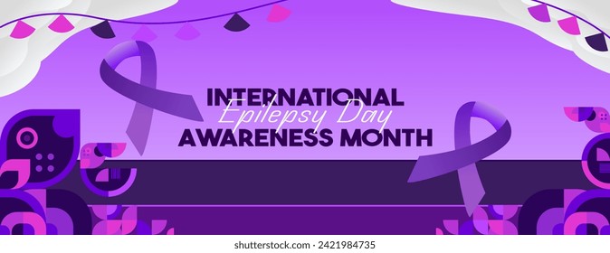 International Epilepsy Day banner with geometric ornament. Raising awareness about epilepsy, improving treatment, for better care. World Epilepsy Day modern background in purple color