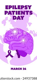 International Epilepsy Day banner for March 26. Brain is naturally flat in purple colors against the background of the earth with a ribbon on white shades of purple. Brain problems, illness. Vertical