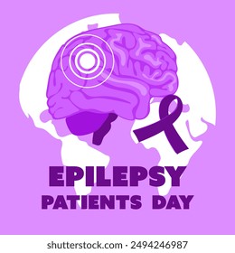 International Epilepsy Day banner for March 26. The brain is naturally flat in purple colors against the background of the earth with a ribbon on shades of purple. Brain problems, illness. Square