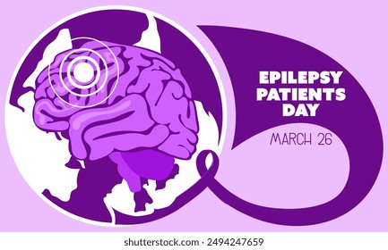 International Epilepsy Day banner for March 26. The brain is naturally flat in purple colors against the background of the earth with a ribbon on shades of purple. Brain problems, illness. Horizontal