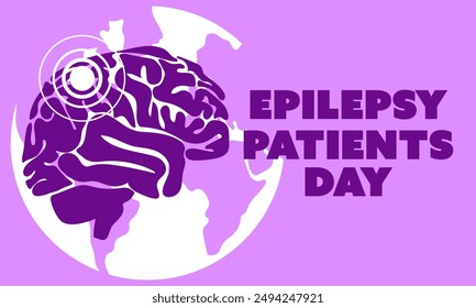International Epilepsy Day banner for March 26. Brain is a flat silhouette in purple colors against the background of the earth on shades of purple. Brain problems, illness. Horizontal