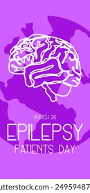 Internationaler Epilepsietag Banner für den 26. März. Das Gehirn ist eine konturierte Silhouette in weißen Farben auf einem Boden Hintergrund mit einem Band auf Schattierungen von Lila. Hirnprobleme, Krankheit. Vertikal