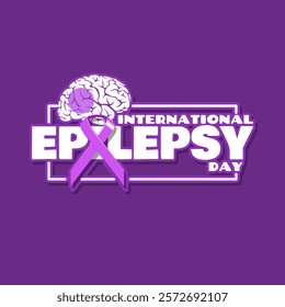 International Epilepsy Day to celebrate on second Monday in February. Purple campaign ribbon with bold text and a brain on dark purple background. Health event banner.