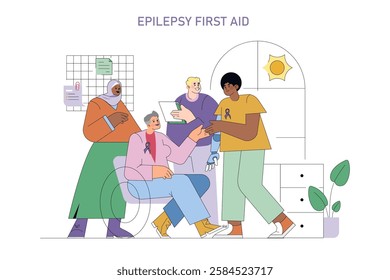 International Epilepsy Day focuses on community awareness about epilepsy first aid. Individuals interact while offering support and sharing knowledge. Emphasizing collaboration, respect, and