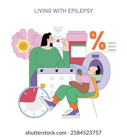 International Epilepsy Day illustration. Showcases the journey of living with epilepsy, highlighting medication adherence, healthcare interactions, and emotional support. The imagery emphasizes