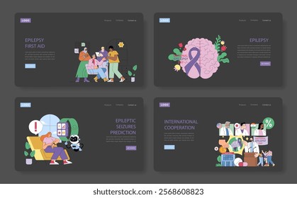 International Epilepsy Day illustration. This illustration emphasizes awareness and support for epilepsy through various themed sections focusing on first aid, predictions, and cooperation. The design