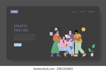 International Epilepsy Day illustration. This design emphasizes the importance of understanding epilepsy first aid, showcasing a diverse group of people actively engaging in supportive conversations