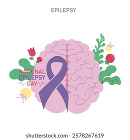 International Epilepsy Day is observed to raise awareness about epilepsy and support those affected. The illustration features a brain, a purple ribbon, and flowers, symbolizing hope and resilience