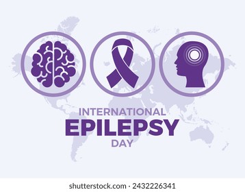 Ilustración vectorial del afiche del Día Internacional de la Epilepsia. Cinta púrpura de la conciencia de la epilepsia, cerebro humano y silueta de la cabeza redonda conjunto de iconos. Adecuado para tarjeta, fondo, banner. Febrero de cada año
