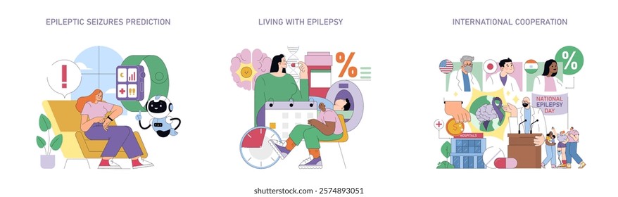 International Epilepsy Day promotes awareness and understanding of epilepsy globally. Various illustrations highlight seizure prediction, daily experiences of living with epilepsy, and cooperation