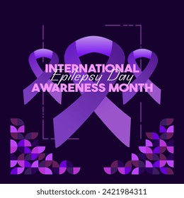 International Epilepsy Day square banner with geometric ornament. Raising awareness about epilepsy, improving treatment, for better care. World Epilepsy Day modern background in purple color