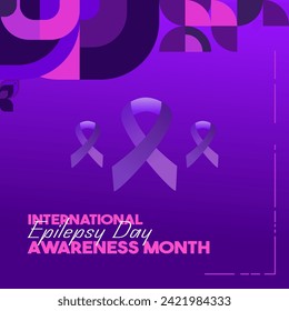 International Epilepsy Day square banner with geometric ornament. Raising awareness about epilepsy, improving treatment, for better care. World Epilepsy Day modern background in purple color