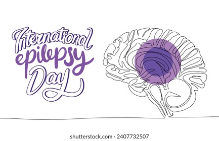 International Epilepsy Day text banner. Handwriting text International Epilepsy Day with line art human brain. Hand drawn vector art.